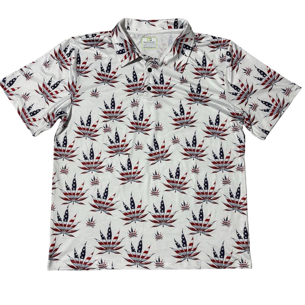 Obnoxious Golf Pot‎ Leaf American Flag Performance Polo Men's Medium Weed USA